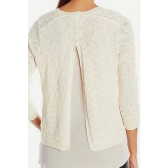 Lucky Brand Layered Mixed Media Linen Blend Sweater Medium Ivory - Picture 8 of 11
